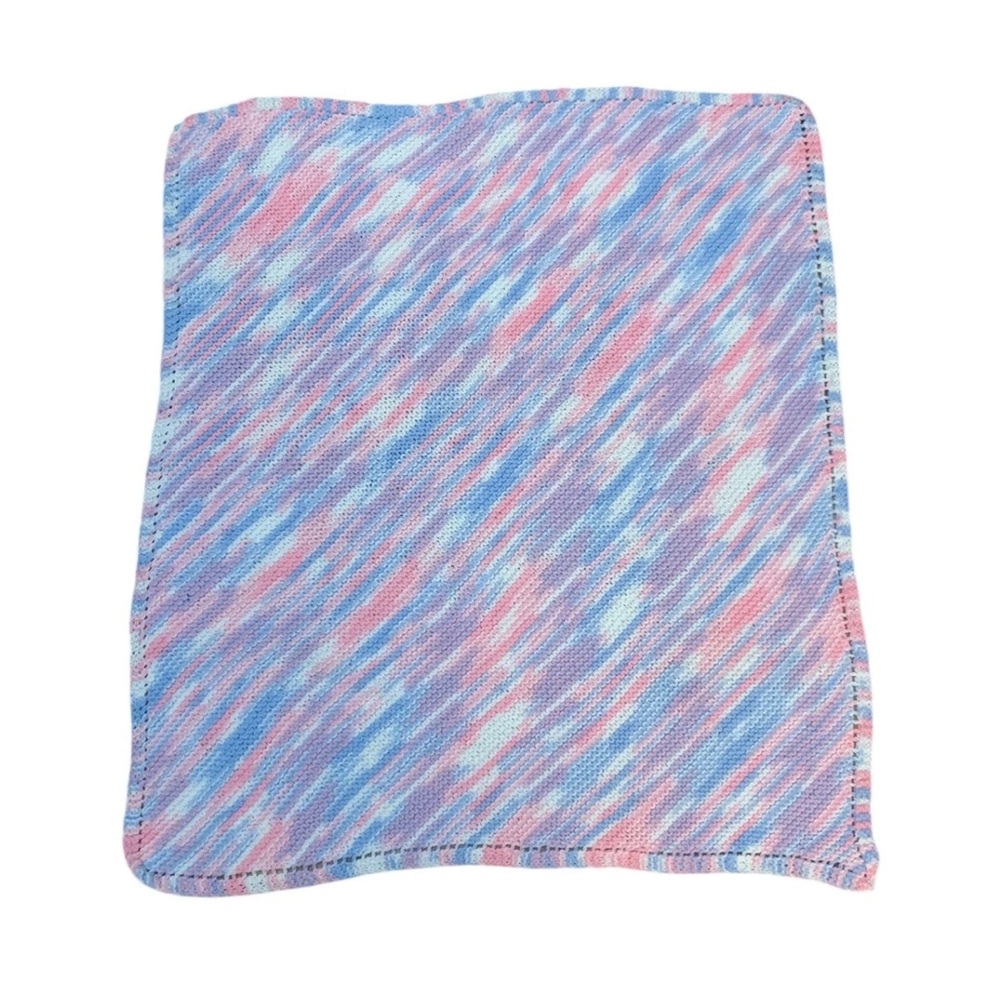 Handmade Hand Knit Baby Blanket Pink White Blue 35" X 43" NEW Diagonal Pattern